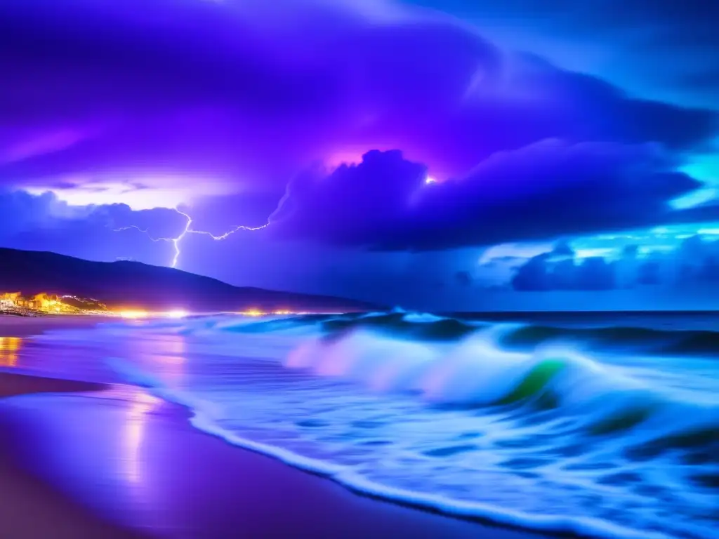 An electrifying view of a chaotic storm night sky, featuring an illuminated ocean with softly crashing waves and a small coastal town in the distance