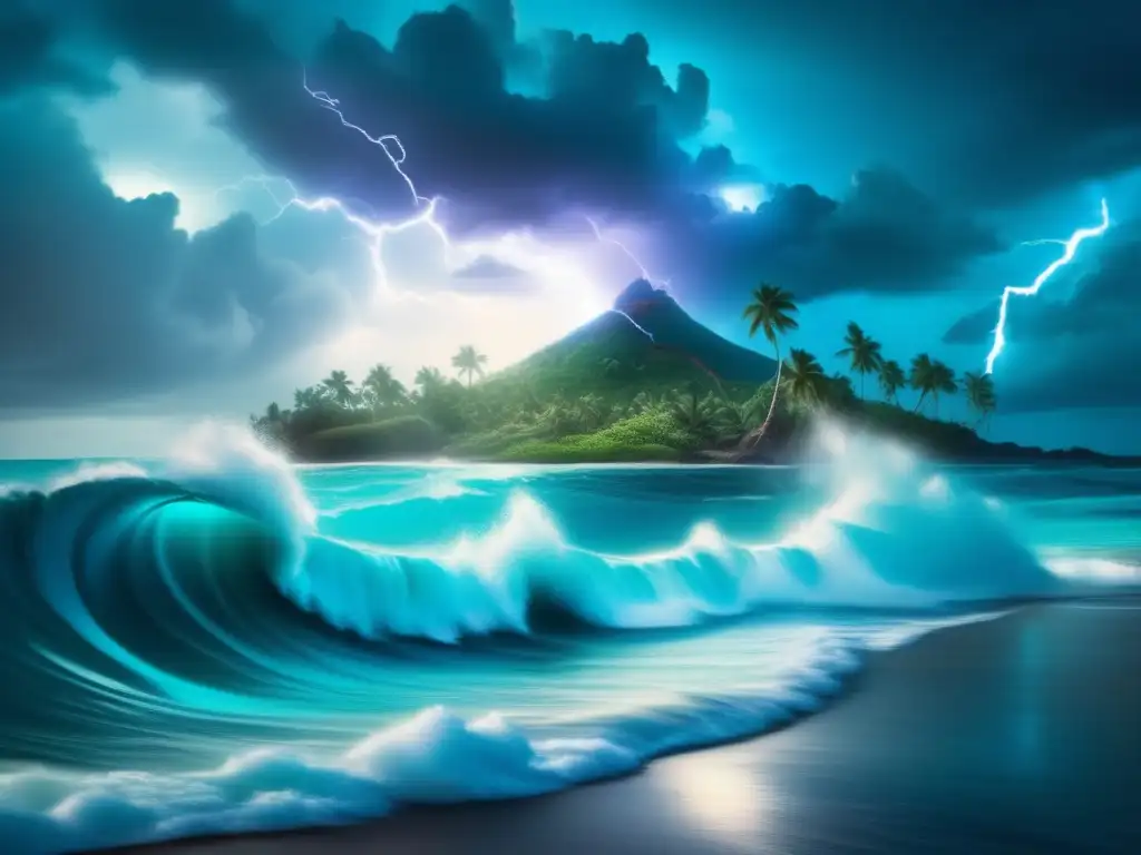 A breathtaking scene of nature's power, with a swirling vortex of vibrant turquoise and blue water threatening a small island surrounded by swaying palm trees