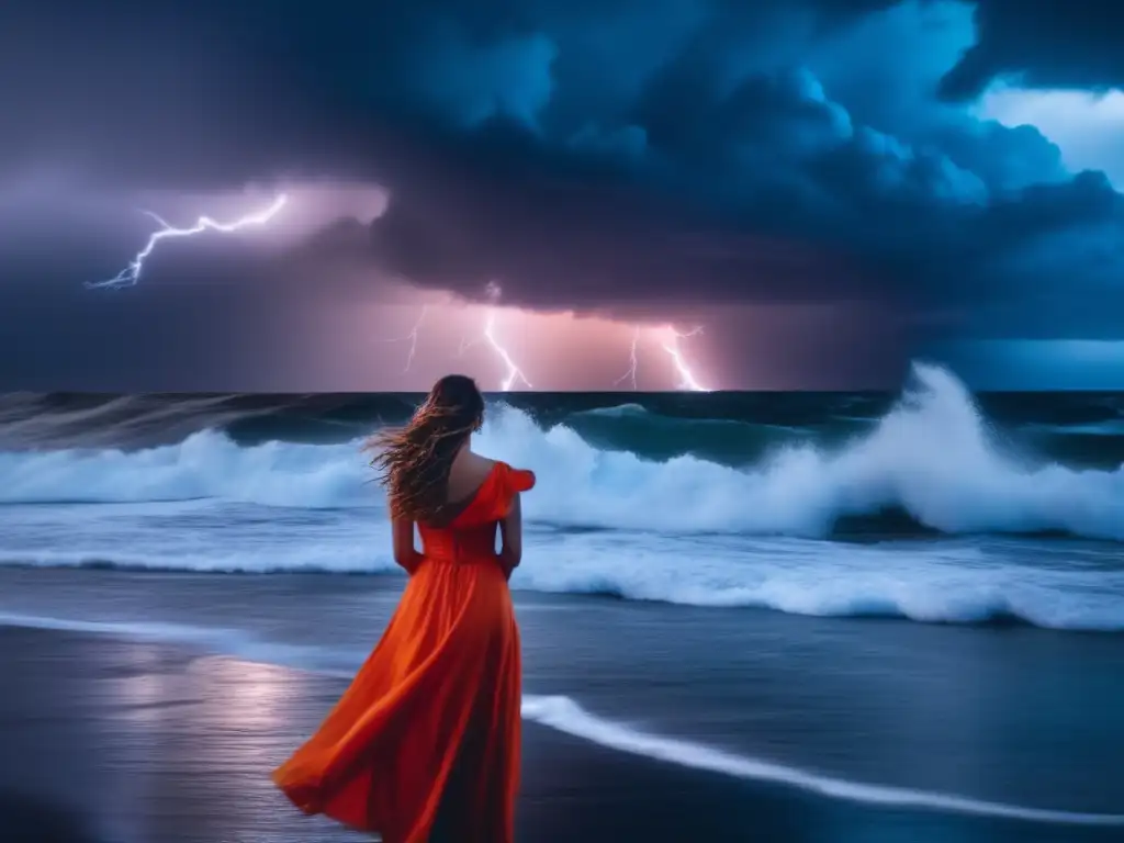 A woman stands solemnly by the stormy shore, arms crossed and tears streaming down her face as lightning strikes in the background