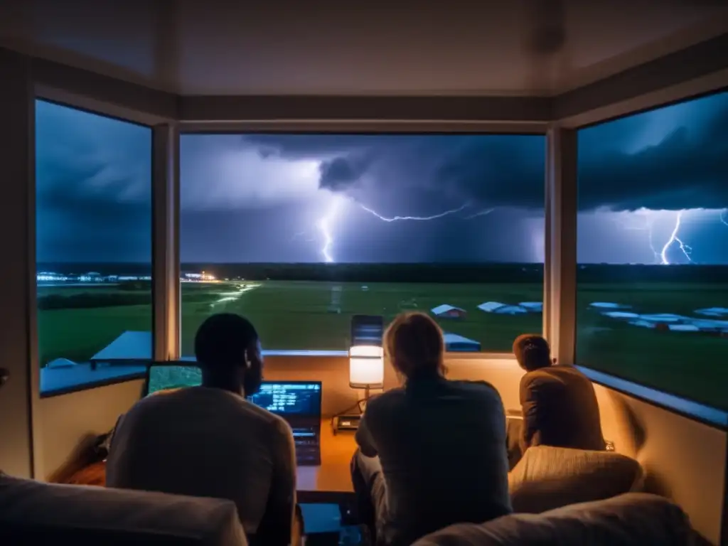 Amidst the chaos of the hurricane, a group of people huddle together in a small room, shielded from the tempest outside