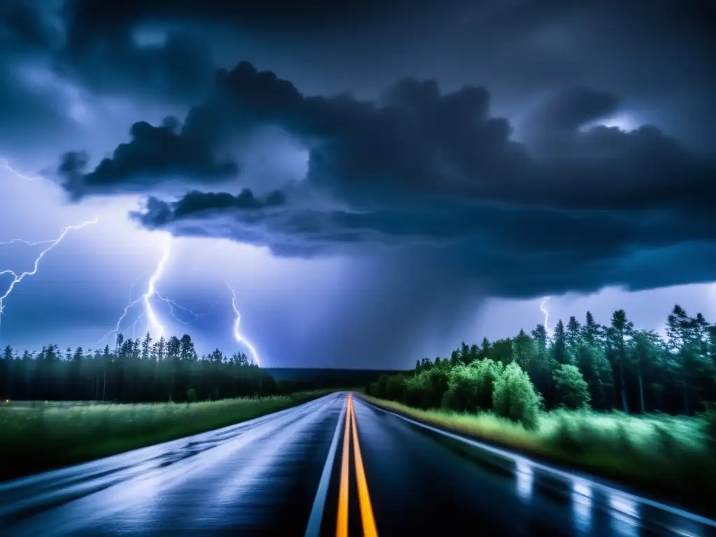 A suspenseful black and white skyway, with a car navigating its way through torrential rain and billowing clouds