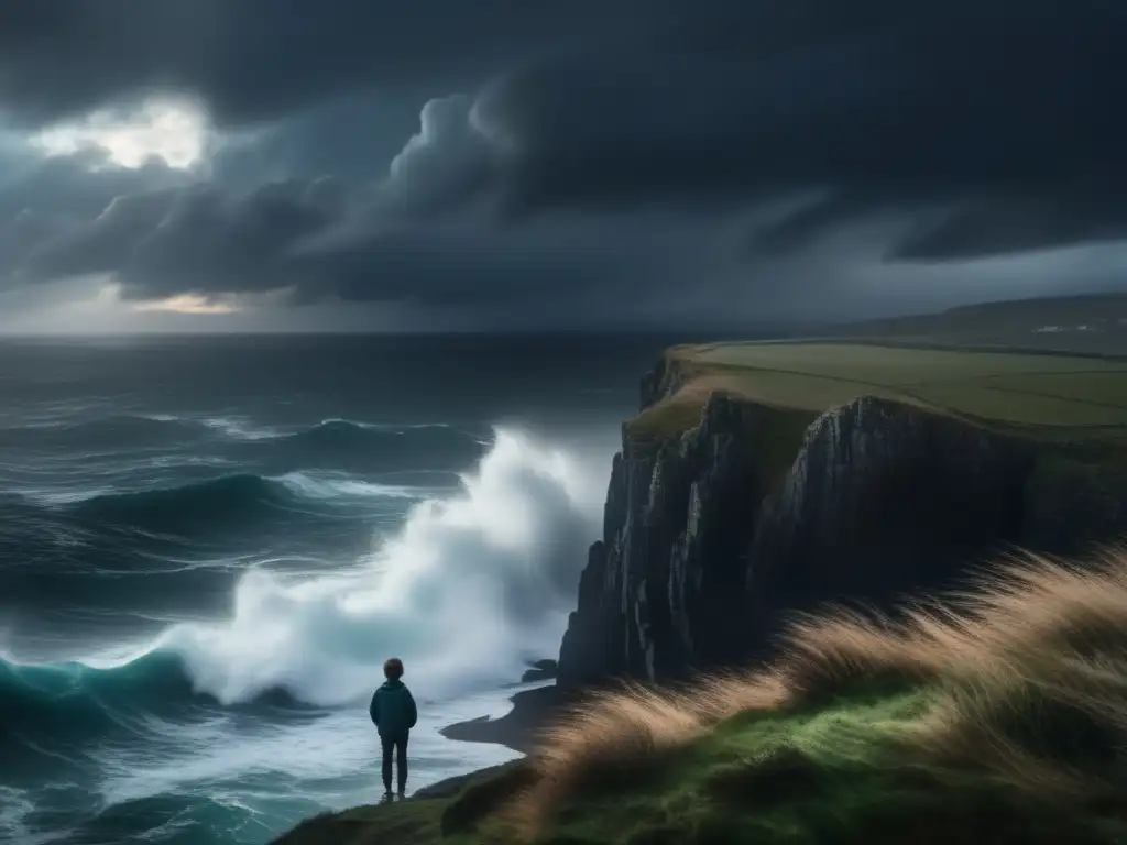 A lone parent and child bravely face the tempest on rocky cliffs, overlooking a churning, stormy sea