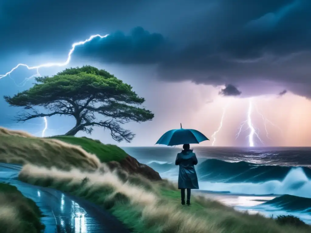 A person standing tall against a stormy sea with lightning in the background