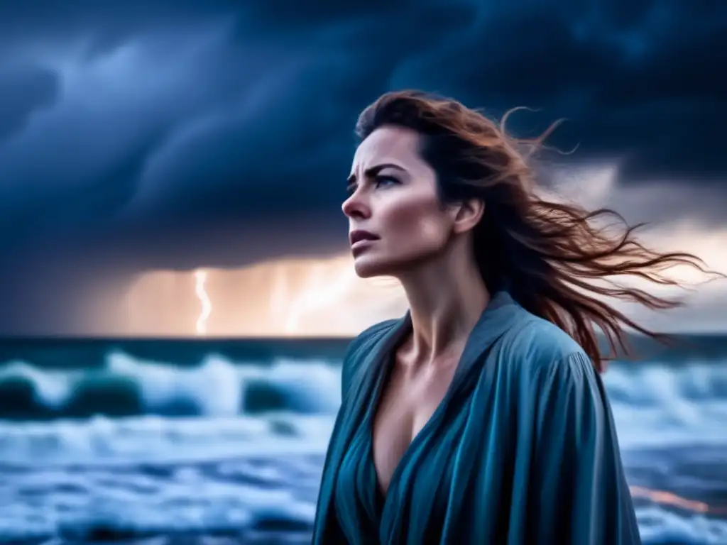 A woman stands alone on the shore, her eyes glistening with tears as a storm rages