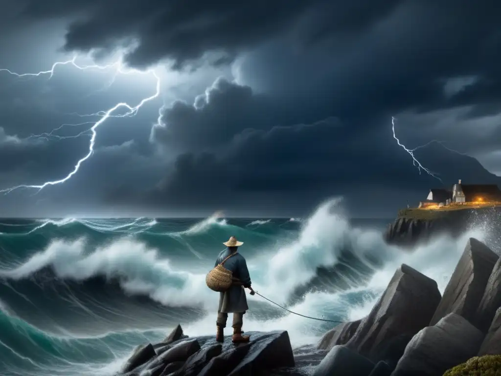 The image captures a stormy seascape with ominous dark clouds shrouding the distance, waves crashing against the shore, and lightning flashing behind