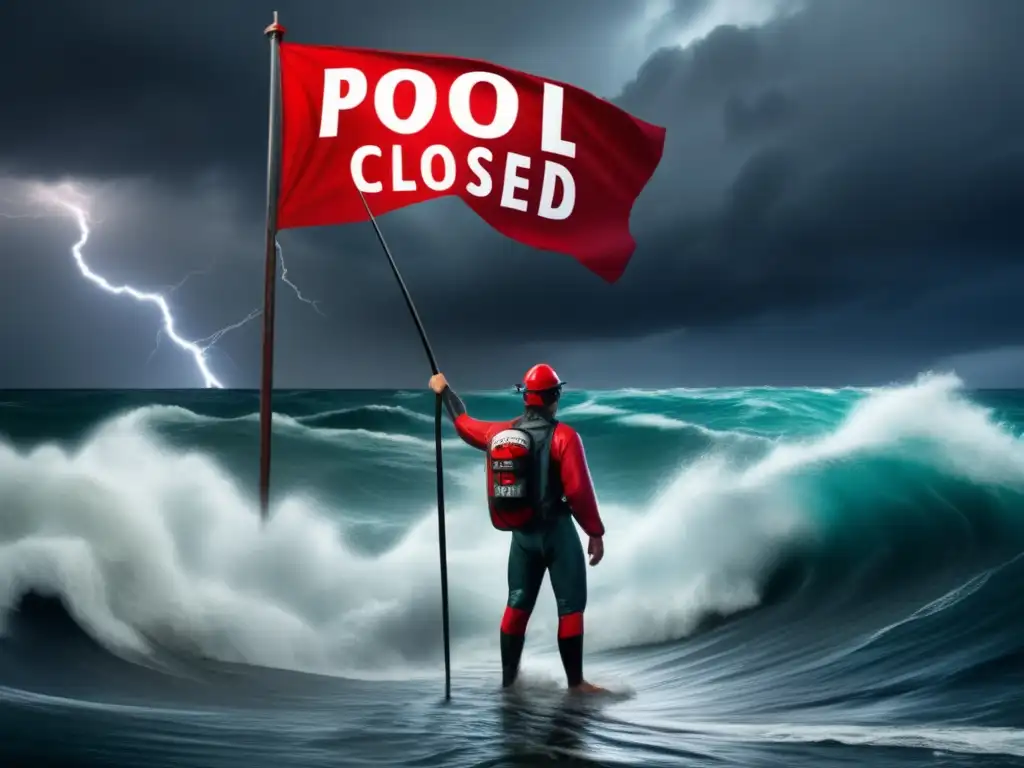 A man braves a stormy ocean, clutching a snorkel set and closing a pool with a bright red flag