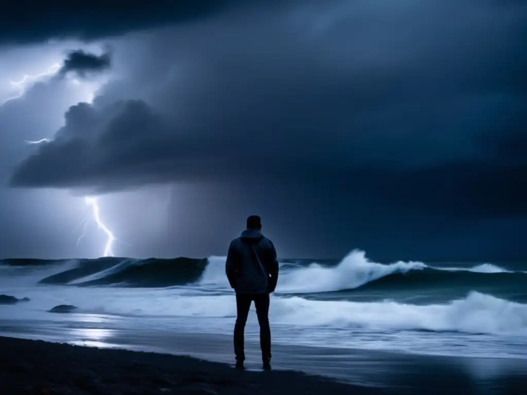 A person stands alone on a seashore during a storm, with a solemn expression on their face as they contemplate the world around them