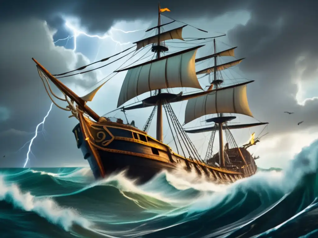 Induction_md: A dramatic shipwreck scene on a stormy Caribbean sea, with lighting illuminating the chaos