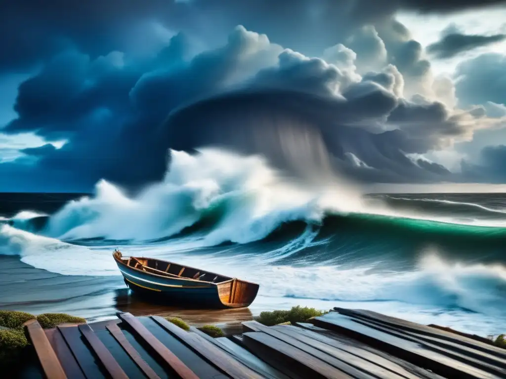 A vivid and stormy sea, with wooden planks breaking against the shore, leaves flooded debris, and turbulent waves, all under a cloudy and ominous sky