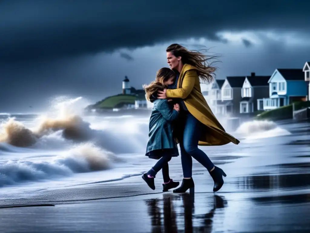 A woman and child bravely huddle together against a raging storm, their eyes locked in desperation as waves crash around them