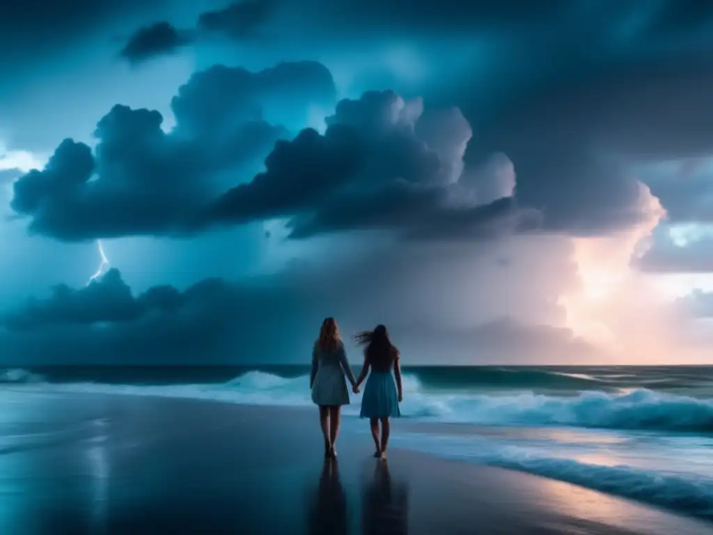 Two sisters, hand in hand, bravely face the stormy sky, pointing below for FAQs