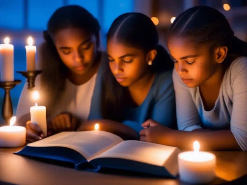 A touching scene of three sisters bonding over a hurricane book under candlelight during a brewing storm