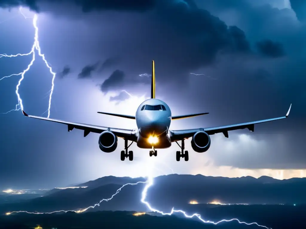 An aerial view of a lightning streak illuminating a stormy sky, with rain cascading down athletically