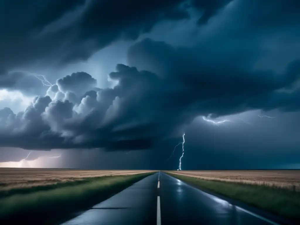 A moody and dramatic still image of a swirling stormy sky, lit by lightning flashes