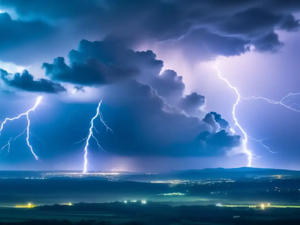 A stormy sky swaying with lightning bolts, filling the air with sinister illumination, revealing a devastating background