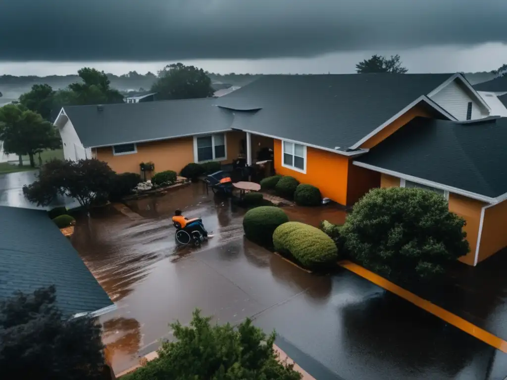 A harrowing scene of a suburban town, rain and winds blowing, a disabled family member sitting on a back patio during a hurricane