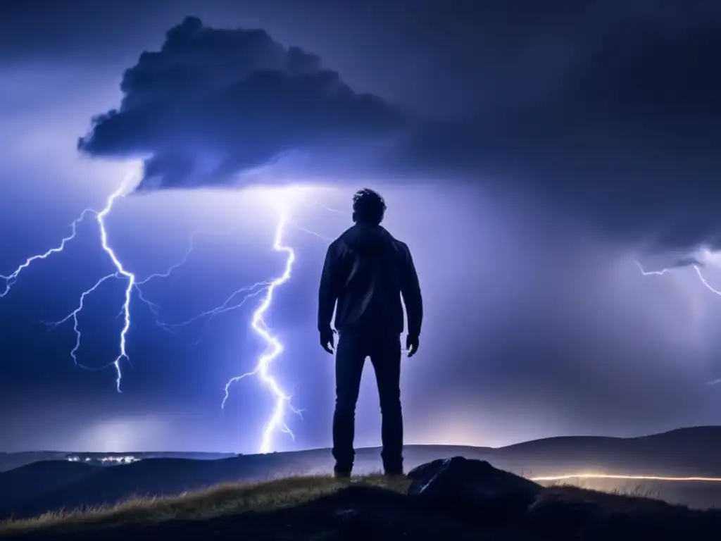 A lone figure stands tall on a hill, silhouetted against a dark stormy sky with lightning striking behind