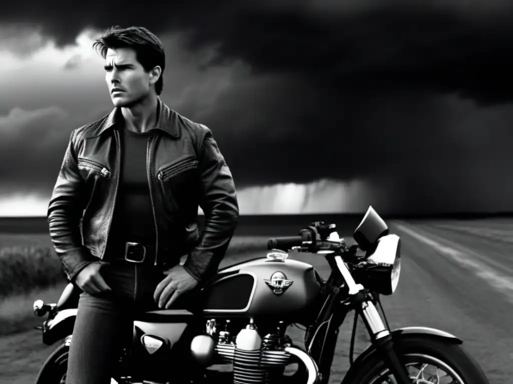 A captivating still image from Eye of the Storm (1991) featuring Tom Cruise as Jonathan Reid aboard a powerful Triumph Thruxton motorcycle, standing tall with determination on his face as he watches the approaching storm brewing in the background