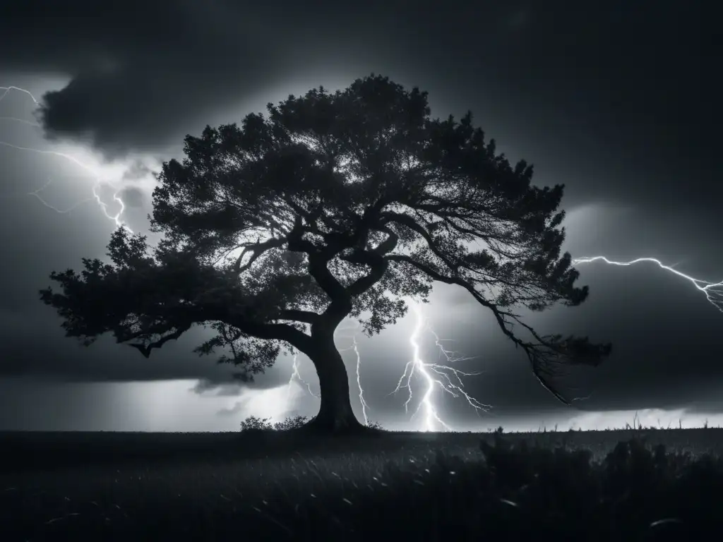 A dramatic, black and white cinematic shot of a tree swaying in the wind amidst a dark and cloudy sky, with lightning illuminating the distance