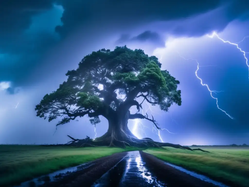 A resilient giant, standing tall in the stormy sky, while lightning strikes and heavy rain falls upon its majestic branches