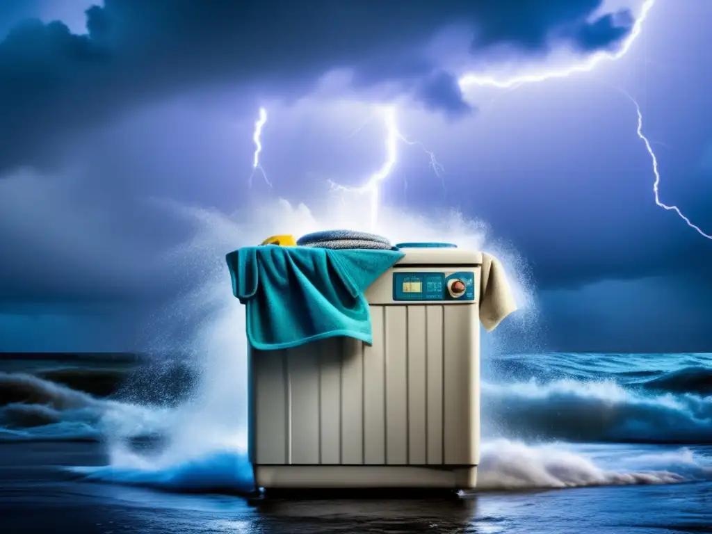 Amidst chaos, a handpowered laundry washer stands tall, fighting for survival during a hurricane