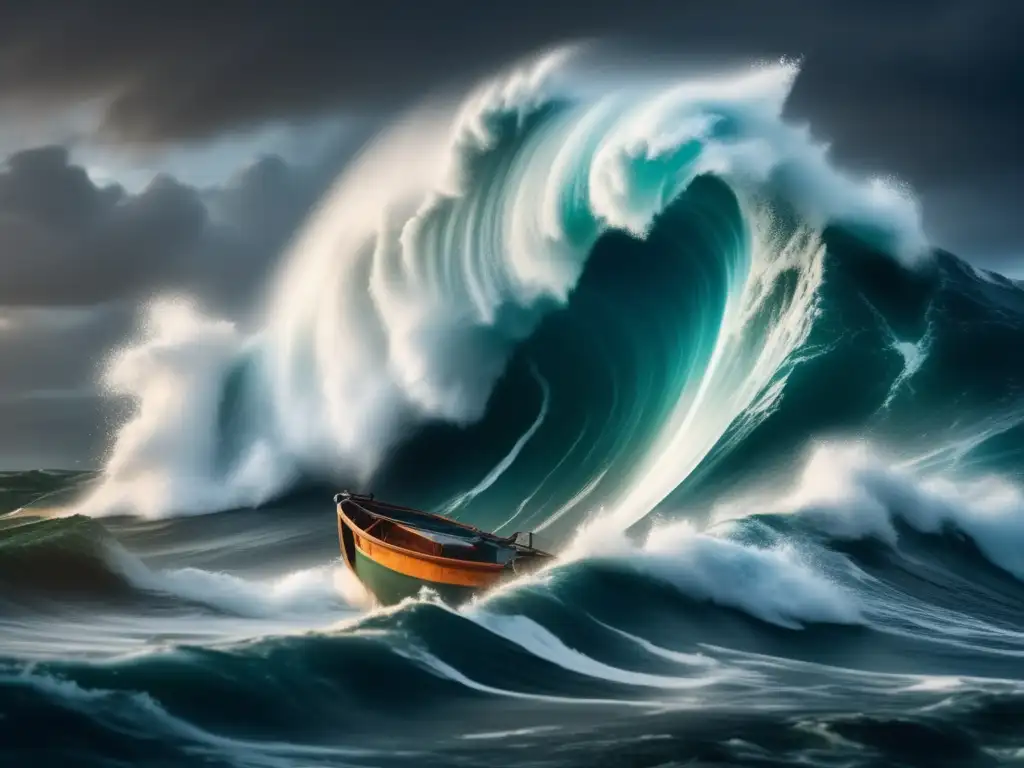 A perilous sea adventure: A towering wave threatens to capsize a small fishing boat amidst turbulent stormy skies and crashing turbulent waters