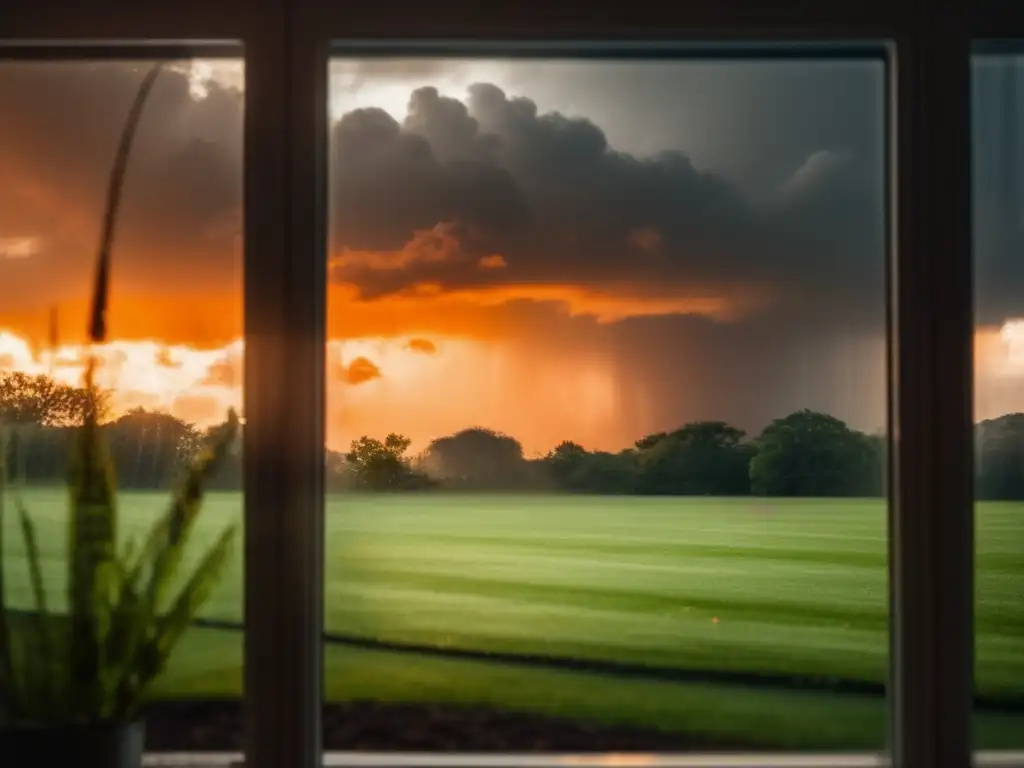 A dreamy, atmospheric image of a stormy sky, captured through a tinted, hurricaneresistant window film