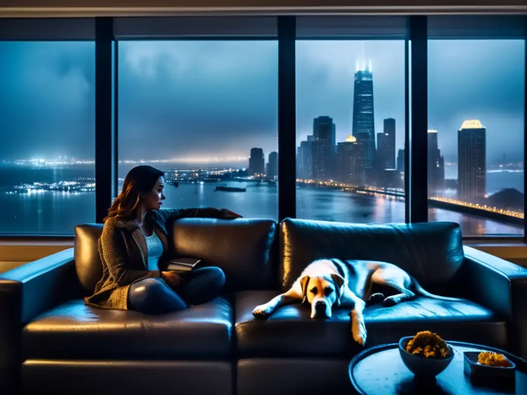 A woman and her loyal dog huddle together on the couch, seeking comfort amidst a chaotic city skyline shrouded in fog and rain