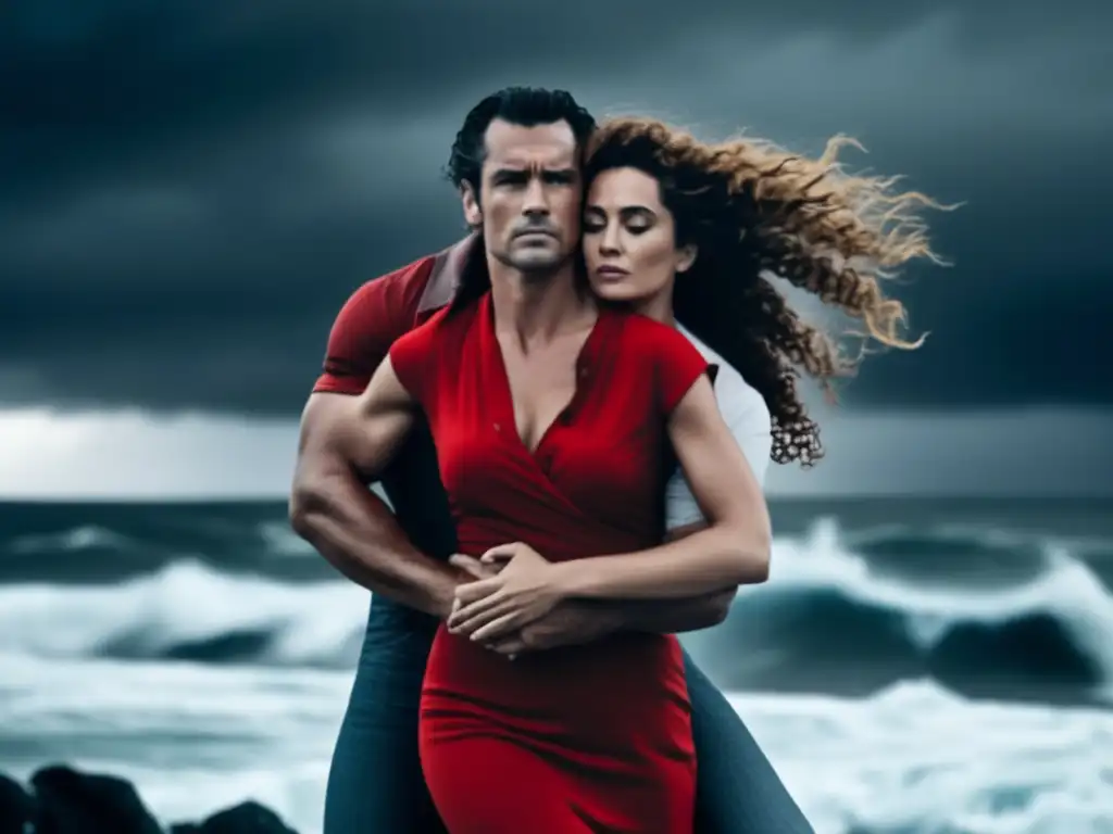 A thrilling image of a determined woman clinging fiercely to a man's waist during a violent hurricane, with the tempestuous ocean in the background