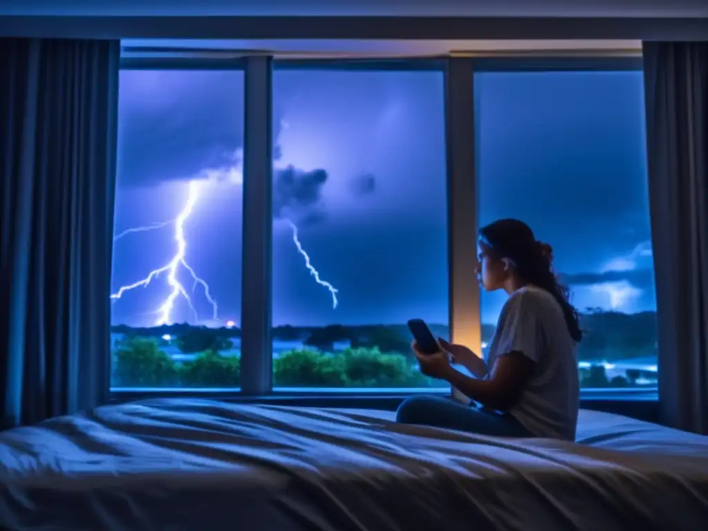 Amidst the storm: A woman at her window, lost in her prayers, desperately holds tight to her loved ones with phone in hand