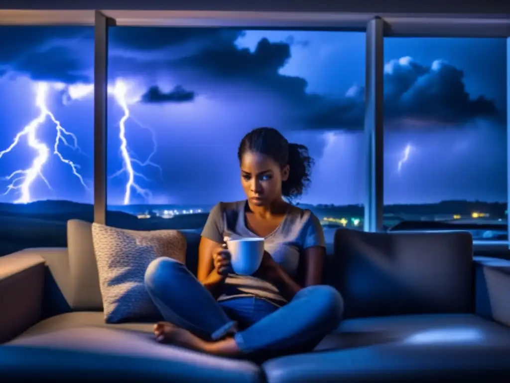 A woman on a couch, anxiously watching dark clouds gather outside, clutching a mug of coffee while her phone buzzes with hurricane updates