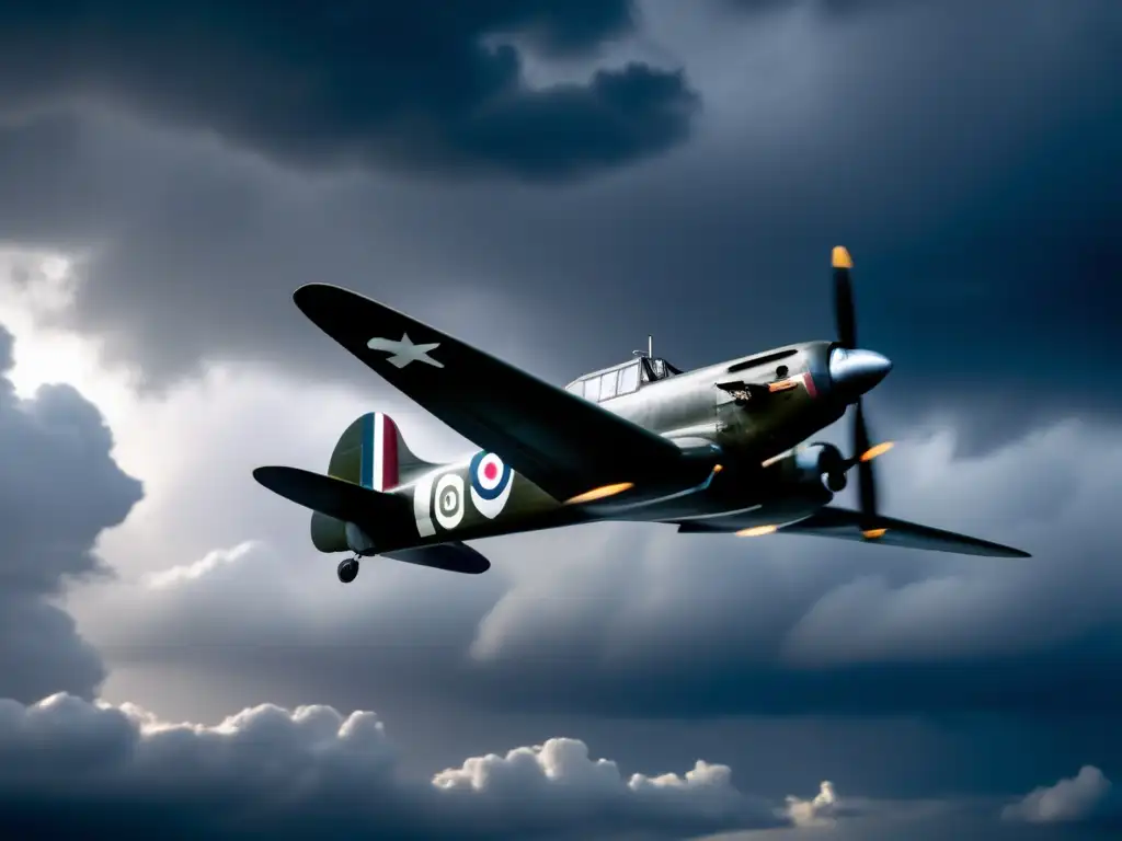 A vintage World War II aircraft soars through a tumultuous sky, the eye of the storm in the background