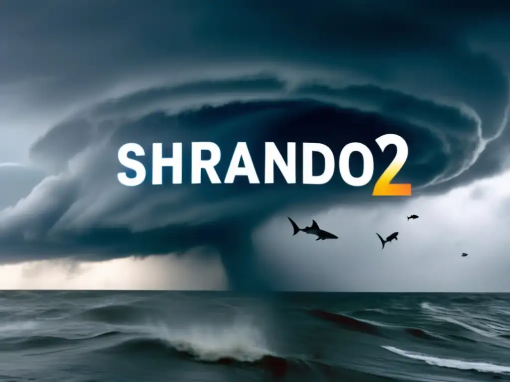 A cinematic close-up of Hurricane Sandy's dark clouds and rain, superimposed with a '2' to represent the Sharknado
