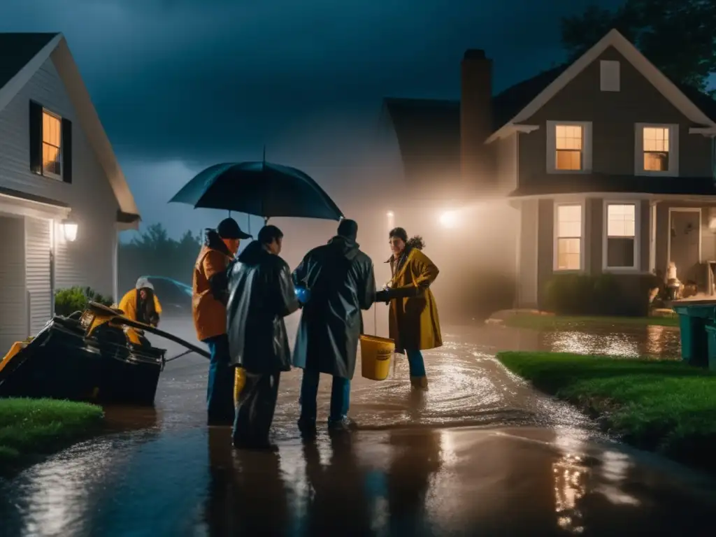 Dramatic image of homeowners battling a storm, drenched in water and working tirelessly to find a valve to stop basement flooding