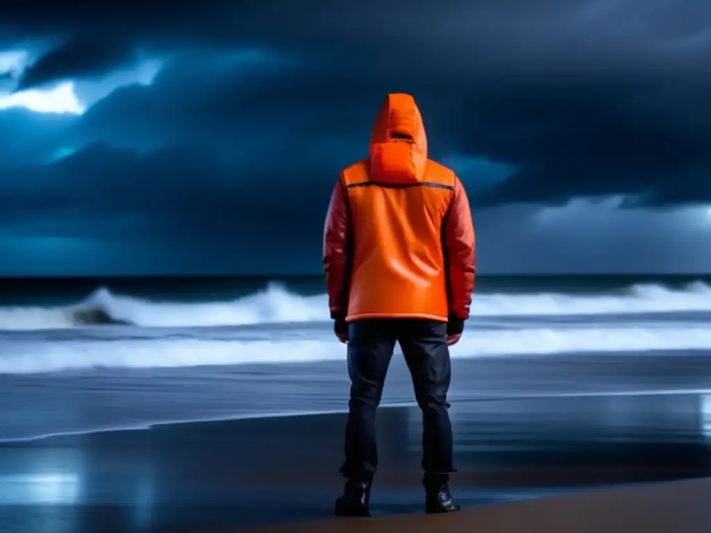 A person stands bravely on a stormy beach, hood pulled down, arms wrapped tightly around their body