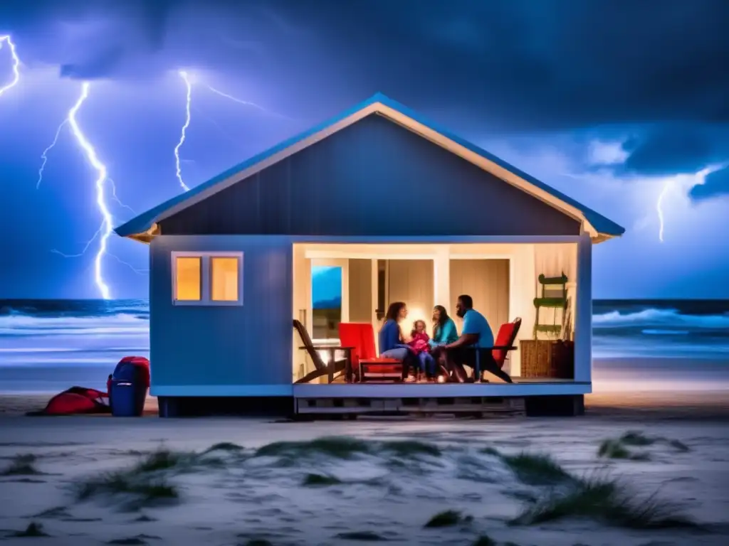 Amidst the storm, a family huddles in their abandoned beach house, fear etched on their faces as lightning illuminates the dark sky