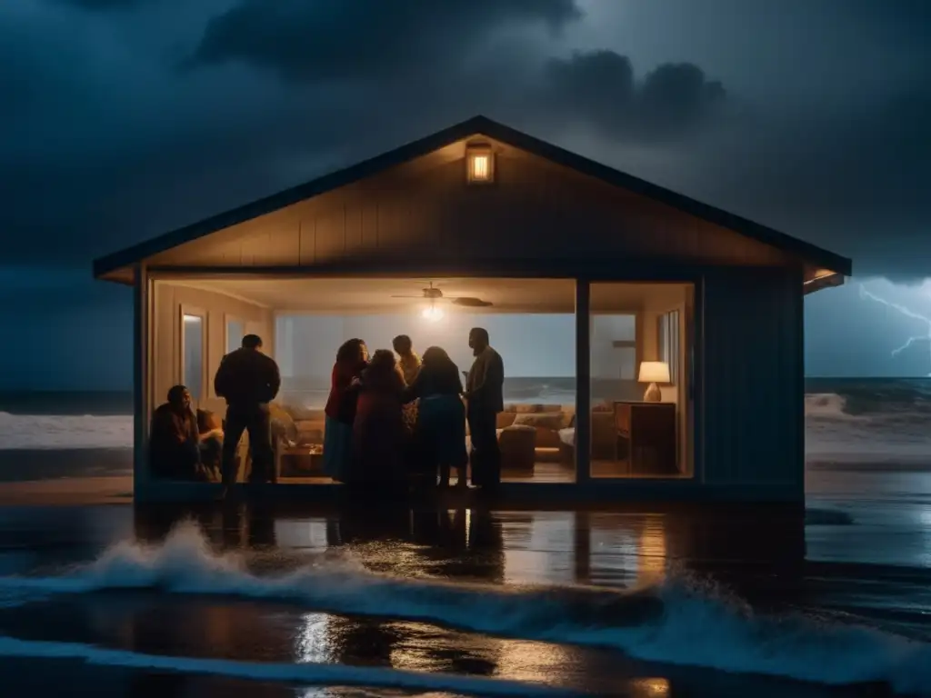 Intense emotional drama portrays a stormy beach house with a small group of people huddled together, visibly nervous and fearful