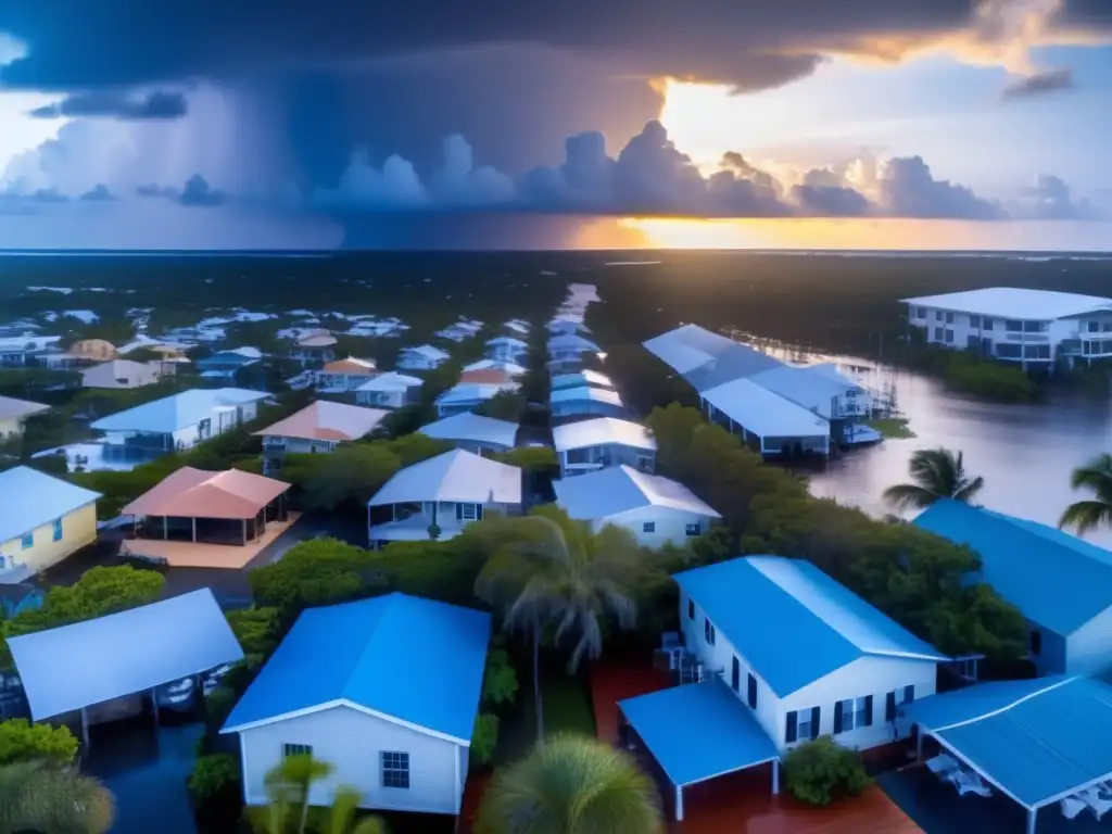 A breathtaking photosphere view of a brewing hurricane over a quiet Florida town, with the sun setting in the background