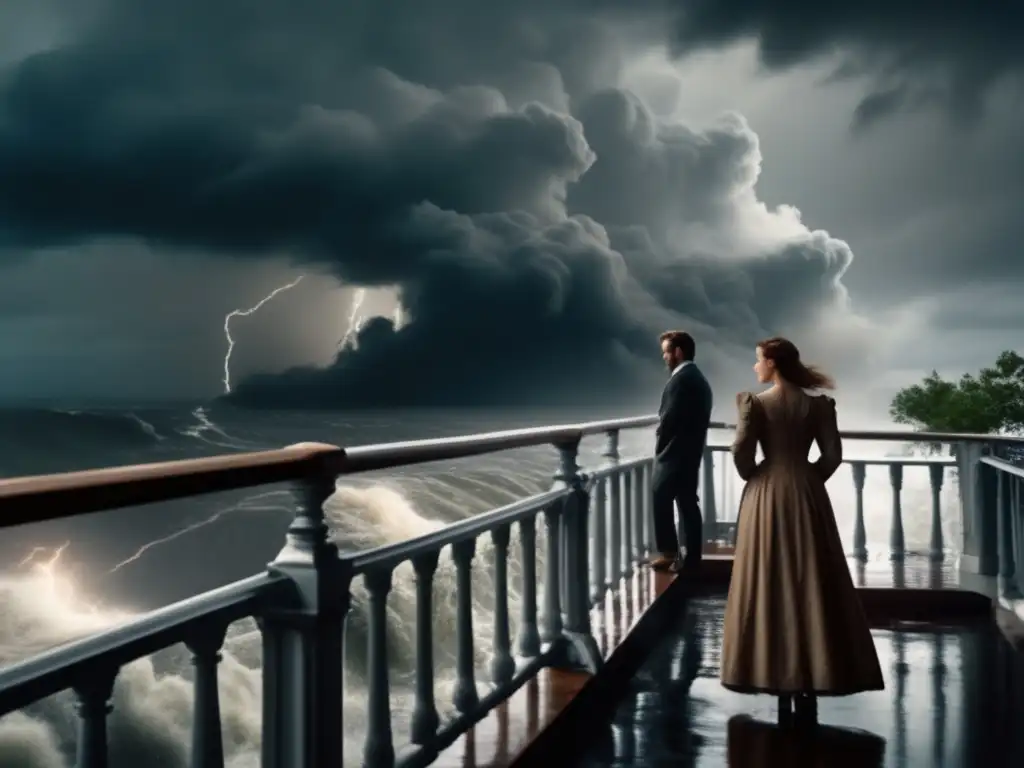 A woman in her late 19th century stands on a bridge during a raging hurricane, holding hands with a white man