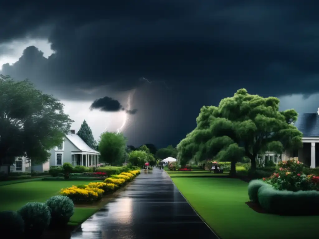 A stormy day in a small town, with an ominous sky looming in the background