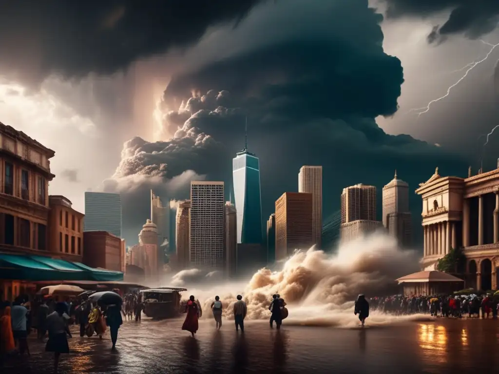 Awe-inspiring image of an ancient city being ravaged by a massive storm cloud, with towering skyscrapers and buildings crumbling to the ground