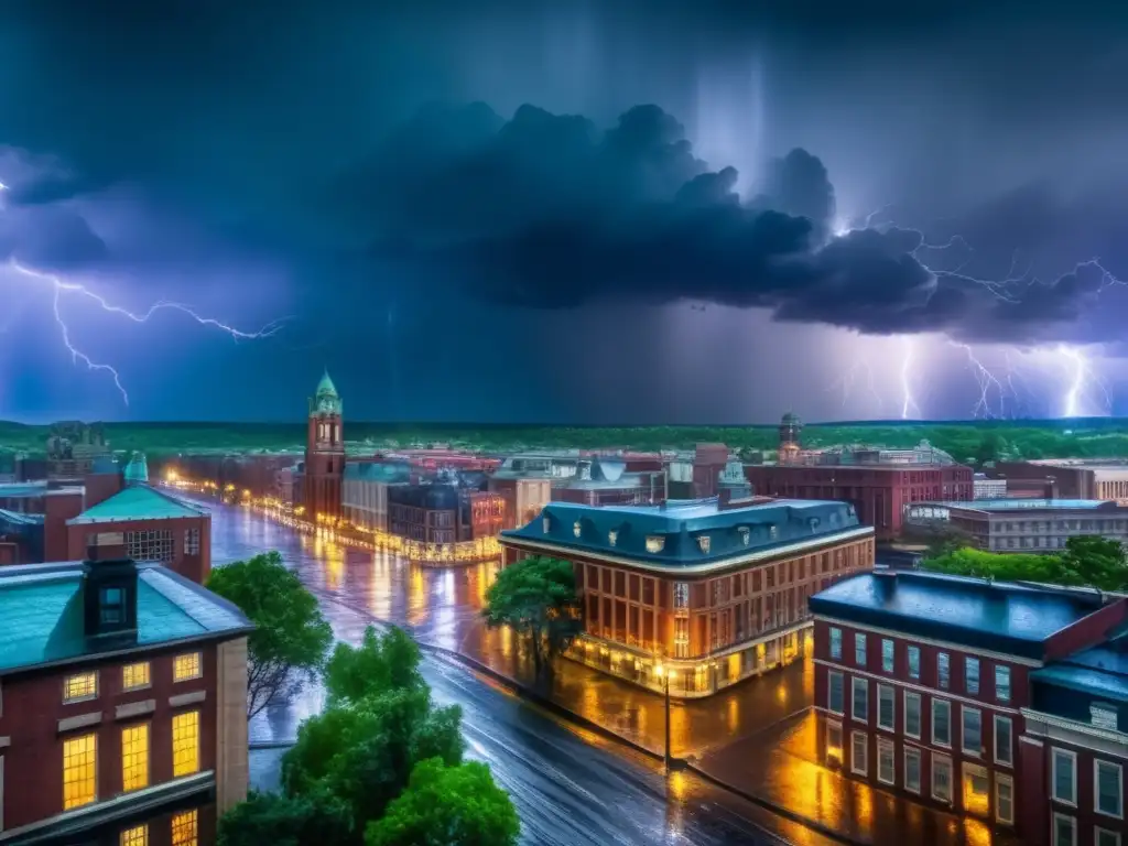 A dramatic and atmospheric image of a massive storm engulfing an early 20th century city, with dark clouds, rain, wind, and lightning