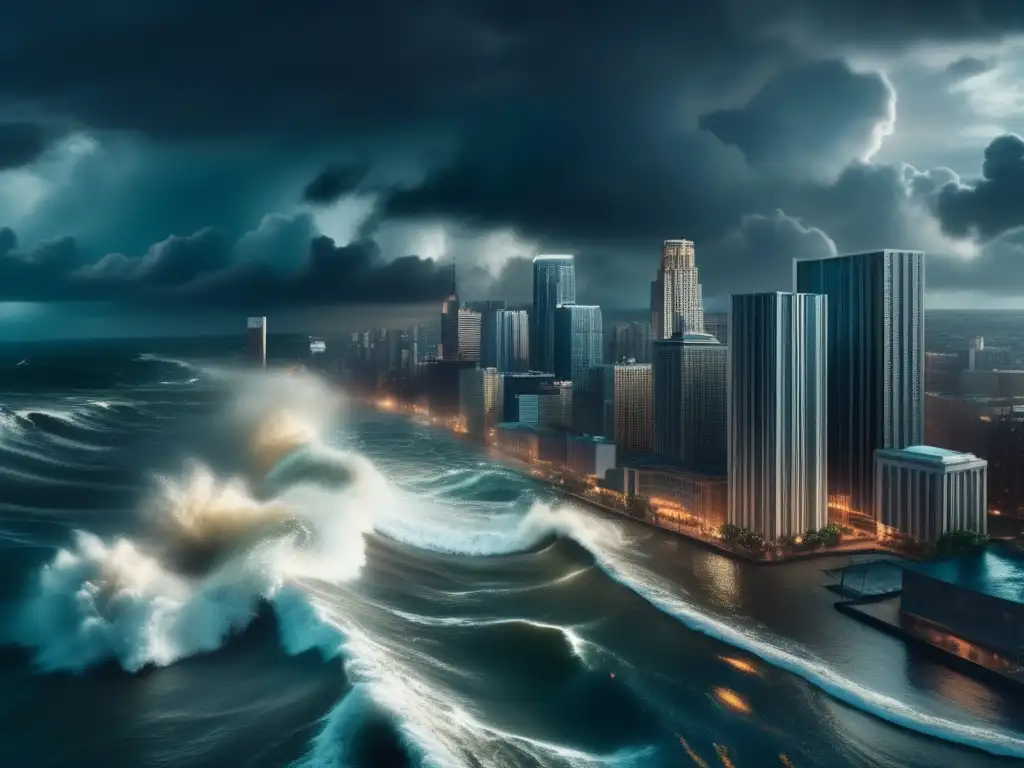 Amidst the tempest, a cityscape struggles to survive