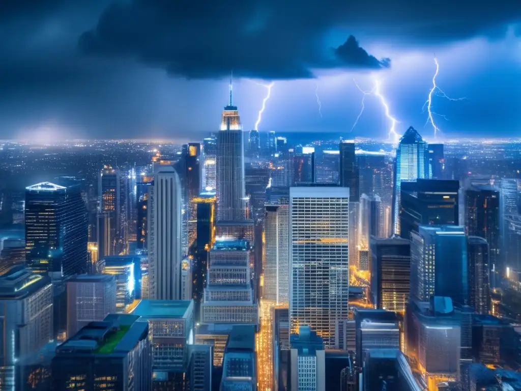 From above, the city skyline stands tall amidst a stormy backdrop