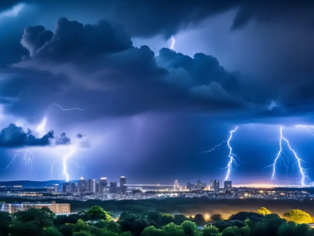 During the dark and ominous storm, lightning bolts illuminate the horizon, casting ominous shadows on the cityscape below