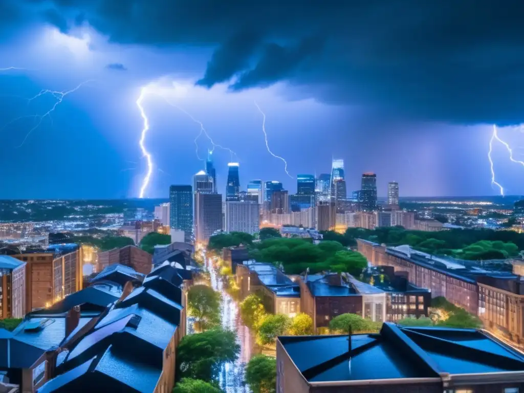 Intense storm-strikes bustling city: lightning, rain-drenched streets, wind-blowing, debris-scattering buildings