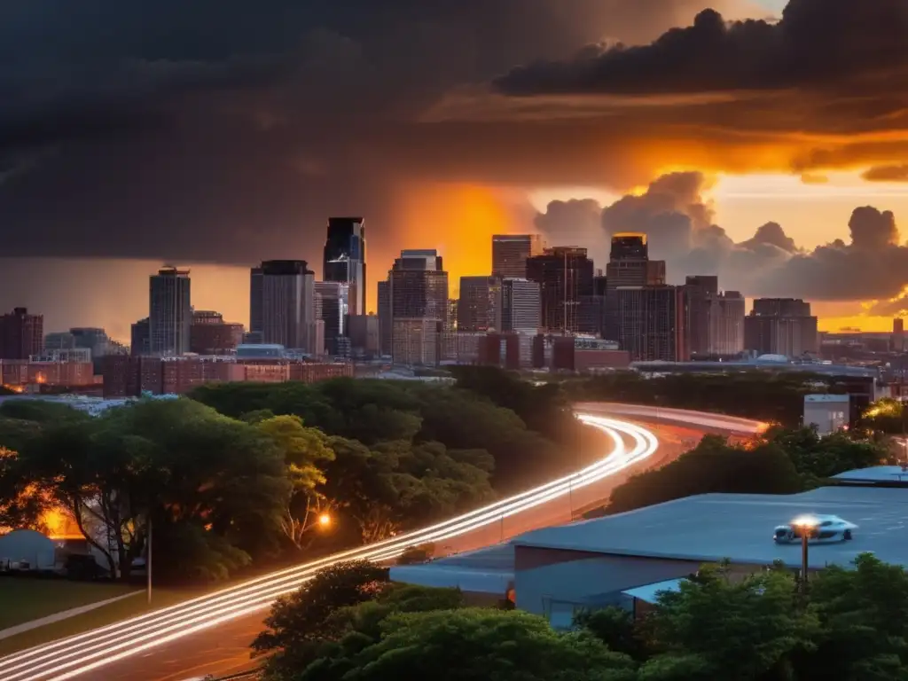 A dramatic cityscape bathed in the golden glow of the setting sun, with distant thunder rumbling in the background