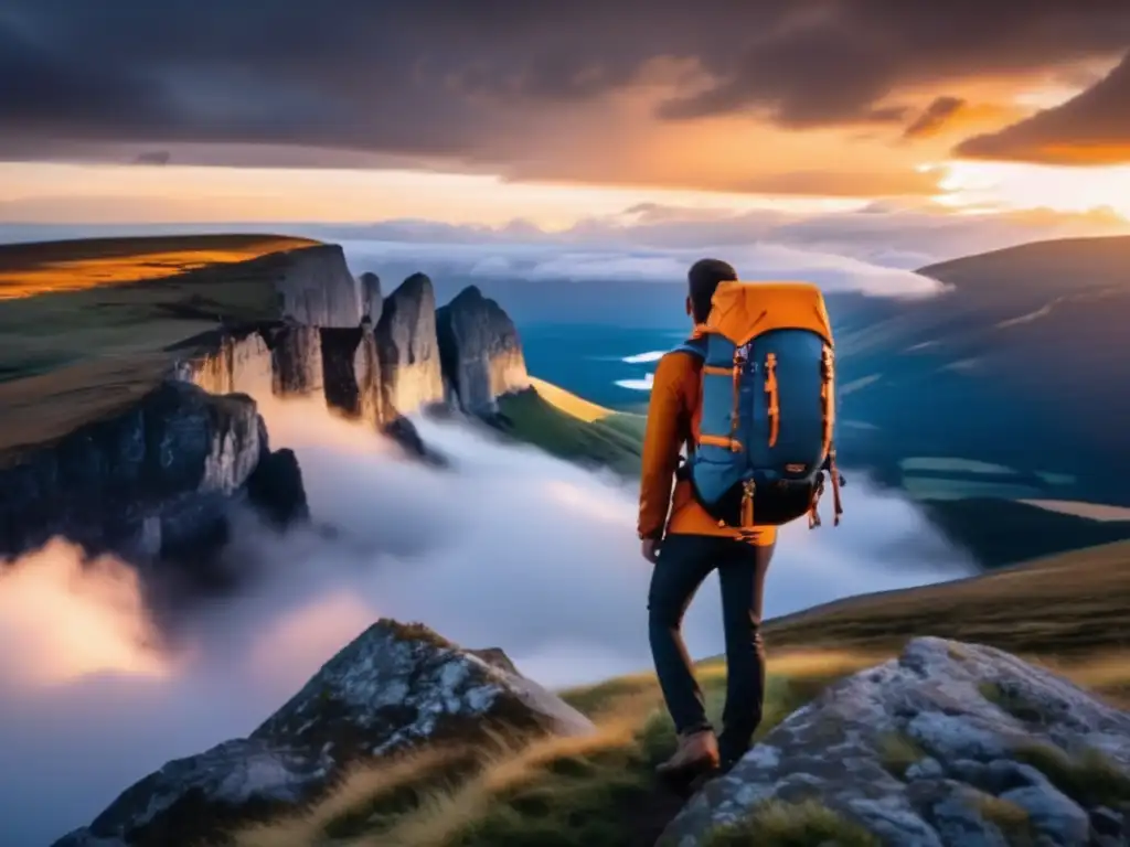 A person climbing a rocky cliff, clutching a red stormproof backpack and gazing at the tempestuous sky