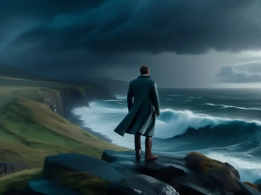 A stormy hurricane rages in the background as the main character stands on a cliff, wrapped in a heavy coat, gazing out at the salvage covered ocean