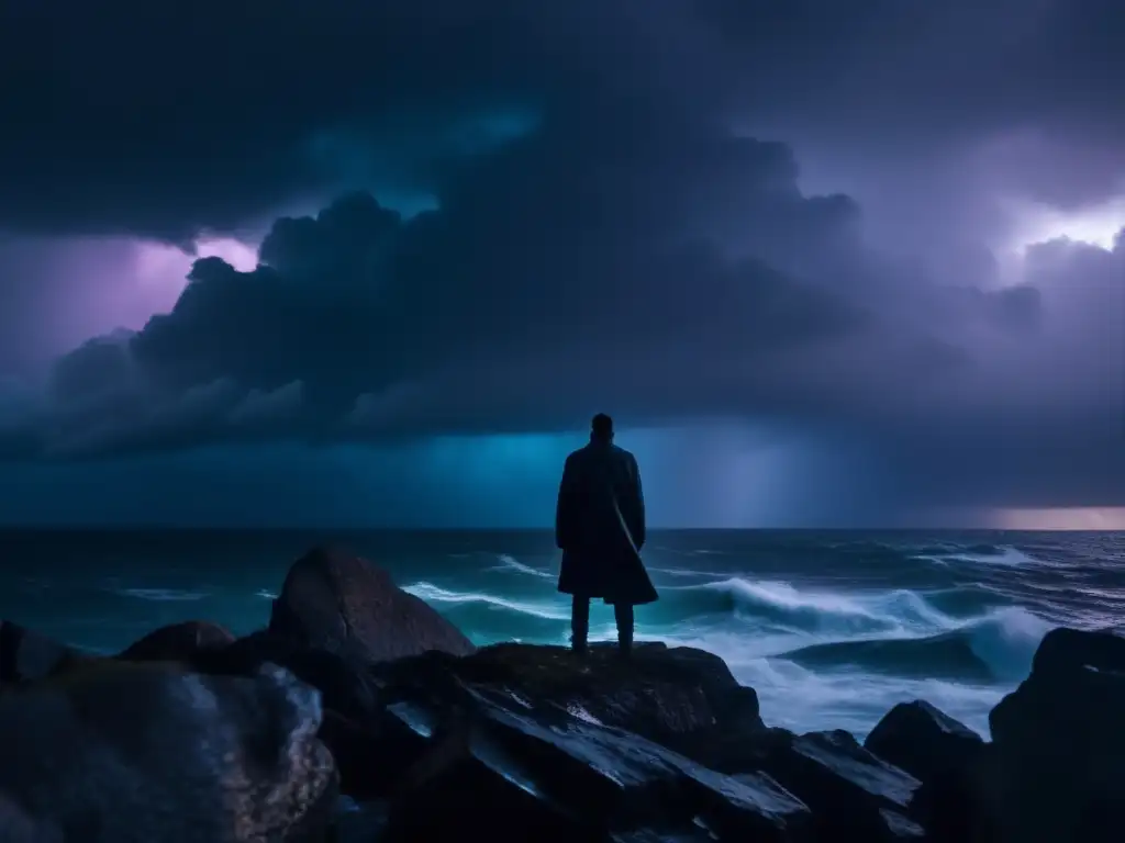 A dramatic, stormy scene of a lone figure standing on a rocky cliff, lost in thought amidst the chaos of nature